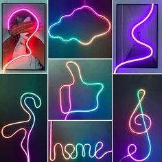 multiple images of neon signs with the word home written in them and an image of a woman's face