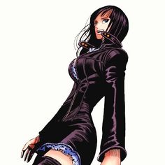 an anime character with long black hair and blue eyes is posing for the camera, her hands on her hips