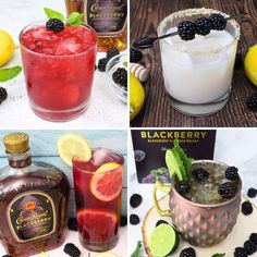 four different types of cocktails with blackberries, lemonade, and blackberry syrup