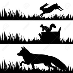 black and white silhouettes of animals running in the grass