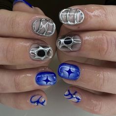 Men Chrome Nail Designs, Men Nail Art Chrome, Chrome Nail Art Men, Masc Lesbian Nails, Men’s Chrome Heart Nails, Cybercore Nails Blue, Hard Nails, Studded Nails