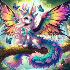 a colorful unicorn sitting on top of a tree branch with butterflies flying around it's wings