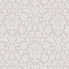 a gray and white wallpaper pattern with small leaves on the bottom half of it