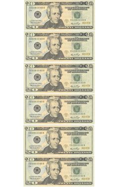 four twenty dollar bills are shown in three rows