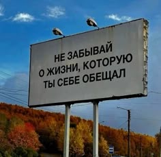 two birds sitting on top of a large sign