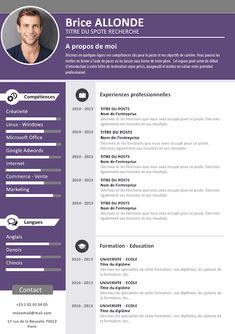 a purple and white resume template with an image on the front, side and back