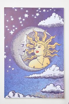 a drawing of a woman's face on the moon with clouds and stars in the background