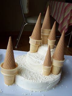 an ice cream cake with cones on top