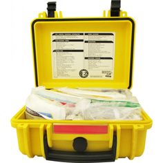 an open yellow case filled with medical supplies