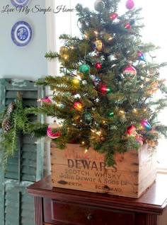 a small christmas tree in a wooden box on top of an old chest with ornaments