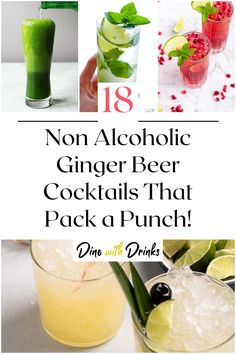 Collage of 4 non alcoholic ginger beer cocktails. Mock Tails With Ginger Beer, Drinks With Ginger Ale Non Alcoholic, Mocktail Recipe With Ginger Ale, Ginger Mocktail Non Alcoholic, Mocktails Non Alcoholic Ginger Ale, Mocktails Ginger Beer Non Alcoholic, Ginger Ale Mocktail Non Alcoholic, Mocktail Recipe Ginger Beer, Ginger Beer Mock Tail