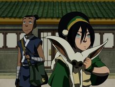 two anime characters standing next to each other in front of a building with green roofing