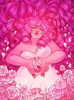 a drawing of a woman with pink hair and flowers in the background, holding her hands over her heart