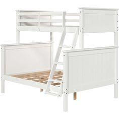 a white bunk bed with a ladder on the bottom and side rails, against a white background