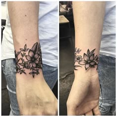 two pictures of the same wrist tattoo with flowers on each arm and one has a butterfly in it