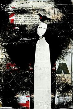 a black and white painting with a bird sitting on it's head in front of an abstract background