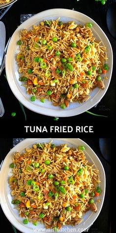 two plates filled with different types of food on top of each other and the words tuna fried rice above them