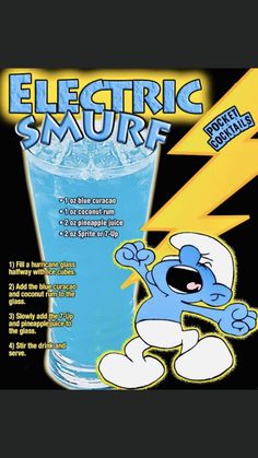 an advertisement for the electric smurf drink, which is blue and has a cartoon character