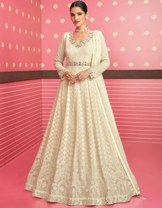 Mashallah! ❤️ Off White Anarkali style Anarkali Semi-Stitched Suits 👗 Shop latest Salwar Kameez which are made up from best quality fabrics with latest styles from our large collections at arabicattire.com Shop Now : https://bit.ly/3efPIeU Buy online @ $100.95 #anarkali #fashion #dresses #onlineshopping #ethnicwear #anarkalisuits #muslimwears #eid #ramdan #islam #onlineshop #arabiaattire #salwarkameez #Trending #instagram #twitter White Gown Indian, Off White Gown, Long Anarkali Gown, Georgette Anarkali Suits, White Anarkali, Georgette Anarkali, Long Anarkali