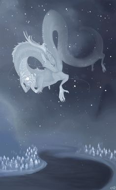 a white dragon flying through the night sky