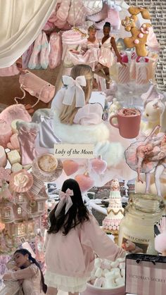 a collage of pink and white baby items, including teddy bears, dresses, bonnets