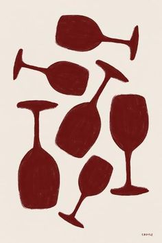 three wine glasses and two decanters are depicted in this hand - drawn illustration