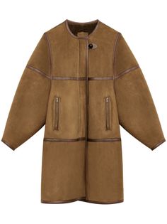 bronze-tone lambskin suede panelled design front button and zip fastening collarless round neck drop shoulder long sleeves two side zip-fastening pockets straight hem mid-length Yoko London, Wardrobe Edit, Iconic Bags, Shearling Coat, Van Cleef Arpels, Boots Fall, Winter Essentials, Exclusive Fashion, Ski Wear