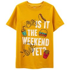 Carter’s Boys Weekend Fun Food Tee Shirt Short Sleeve Gold Tee Shirt Featuring Large Screen Print Of Hamburger, Hot Dog, Fries, Drink, Video Game Controller, And Head Phones In Black, Red, And Blue, All He Needs For The Perfect Weekend “Is It The Weekend Yet?” In White Letters New With Tags Carter’s Sizes Available: 10, 12, 14 Colors: Gold, Red, Blue, White, Black 100% Cotton New To Poshmark? Use Code Rvalm When You Sign Up And Get $10 Off Your First Order! Kids T Shirt Design Ideas, Cricut 2023, Kids Tees Design, Drink Video, Kids Tshirt Designs, Cool Kids T Shirts, Head Phones, Cricut Shirts, Kids Tee Shirts