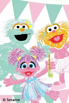 the sesame street show characters are dressed in pink and blue, with one holding a fork