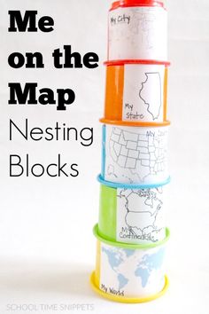 a stack of four nesting blocks with the words me on the map