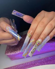 Long Acrylic Nails Swarovski, Long Acrylic With Charms, Xl Long Acrylic Nails With Diamonds, Xl Long Acrylic Nails Charms, Long Acrylic Nails With Butterfly Charms, Glittery Acrylic Nails, Really Long Nails, Beige Nails Design, Long Square Nails