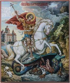 a painting of a man riding on the back of a white horse next to a dragon