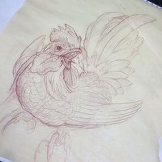 a drawing of a rooster sitting on top of a piece of paper