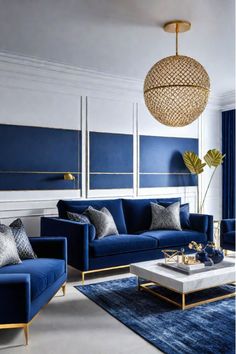 a living room filled with blue couches and pillows