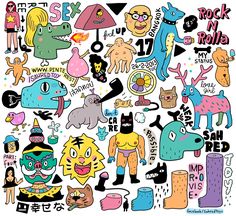 an assortment of stickers with different types of animals and people on them, all in various