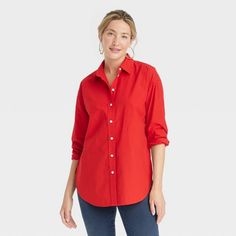 Women's Oversized Long Sleeve Collared Button-Down Shirt - Universal Thread™ Red L Oversized Red Button-up Blouse, Red Relaxed Fit Blouse For Work, Oversized Red Button-up Tops, Oversized Red Tops With Button Closure, Oversized Red Long Sleeve Shirt, Red Oversized Top With Button Closure, Red Oversized Collared Shirt, Red Oversized Long Sleeve Shirt, Red Oversized Buttoned Tops