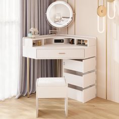 a white desk with drawers and a mirror