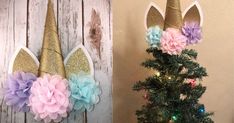 a small christmas tree in front of a wooden wall with unicorn ears and flowers on it