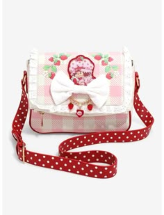 Strawberry Shortcake Gingham Bow Crossbody Bag — BoxLunch Exclusive | BoxLunch Kawaii Items Handbags, Coach Strawberry Crossbody, Cute Strawberry Accessories, Strawberry Theme Outfit, Strawberry Shortcake Accessories, Strawberry Shortcake Bag, Strawberry Shortcake Merch, Kawaii Bookbag, Strawberry Shortcake Clothes