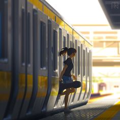 a woman is leaning against the side of a train