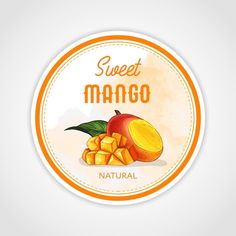 a sticker that says sweet mango with pieces of mango and leaves on the side