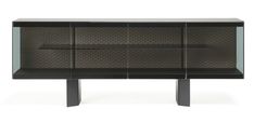 the sideboard is black and has glass shelves on each side, as well as metal legs