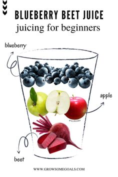 blueberry, beet and apple juice in a glass with the words juicing for beginners