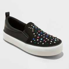 Add some bling to your child's footwear with these Hanna Slip-On Sneakers from art Class™. These black sneakers feature a fuzzy-fabric front embellished with vibrant rhinestones in round and star shapes for a standout look. Enhanced with a faux-leather upper back with pull tab and convenient slip-on style with elastic gores, these shoes keep your child comfortable wherever they go. art class™: One-of-a-kind looks for the one and only you. Construction For Kids, Girls Shoes Sneakers, Plastic Heels, Sneaker Art, Girls Shoes Kids, Zipper Boots, Baby Shorts, The One And Only, Black Sneakers