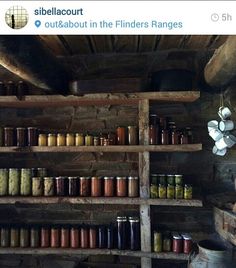 many jars and containers are on the shelves