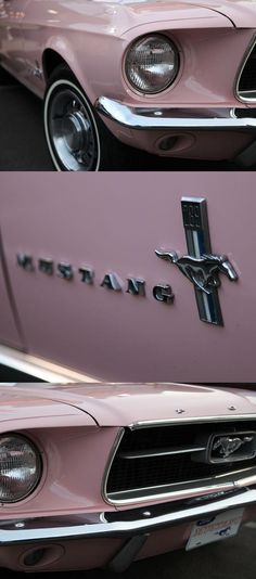 two pictures of the front and side of a pink mustang with a cross on it