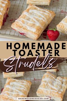 homemade toaster strudels on a cooling rack with strawberries