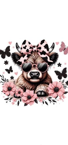 a cow with sunglasses and pink flowers on it's head, surrounded by butterflies