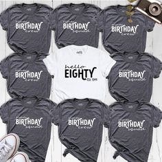 80th Birthday Crew Shirt, Hello Eighty Birthday Shirt, Birthday Party Family Matching Tee, Custom Mom Dad Bday Outfit, Est 1944 Shirt Celebrate a milestone in style with our 80th Birthday Shirt and Eighty Birthday Shirt, perfect for honoring that special someone! The "Hello Eighty" design adds a playful touch, while our Birthday Crew Shirts make it easy to match with the whole family. Whether it's a grand birthday party or an intimate gathering, this Birthday Party Tee is a must-have for creatin 80th Birthday Tee Shirts, 80th Birthday Tshirts, Birthday Group Shirts, Birthday Squad Shirts, Intimate Gathering, Group Shirts, Birthday Tshirts, Birthday Tee, Matching Tees