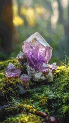 A clustered amethyst crystal (5-10 cm) sits elegantly among soft moss and delicate mushrooms in a serene forest atmosphere. Emphasize soft colors and a lightweight aesthetic. No text! фотореализм! Crystals Minerals